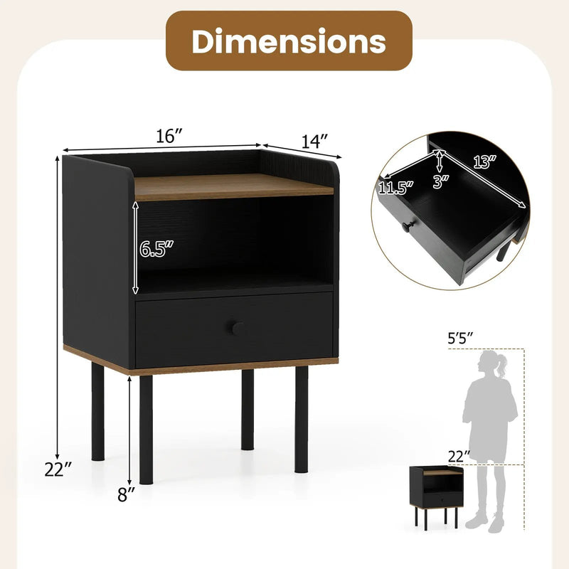 Nightstand with Drawer 3-Tier Sofa Side Table with Open Storage Shelf Set of 2-Black by DirectDeals