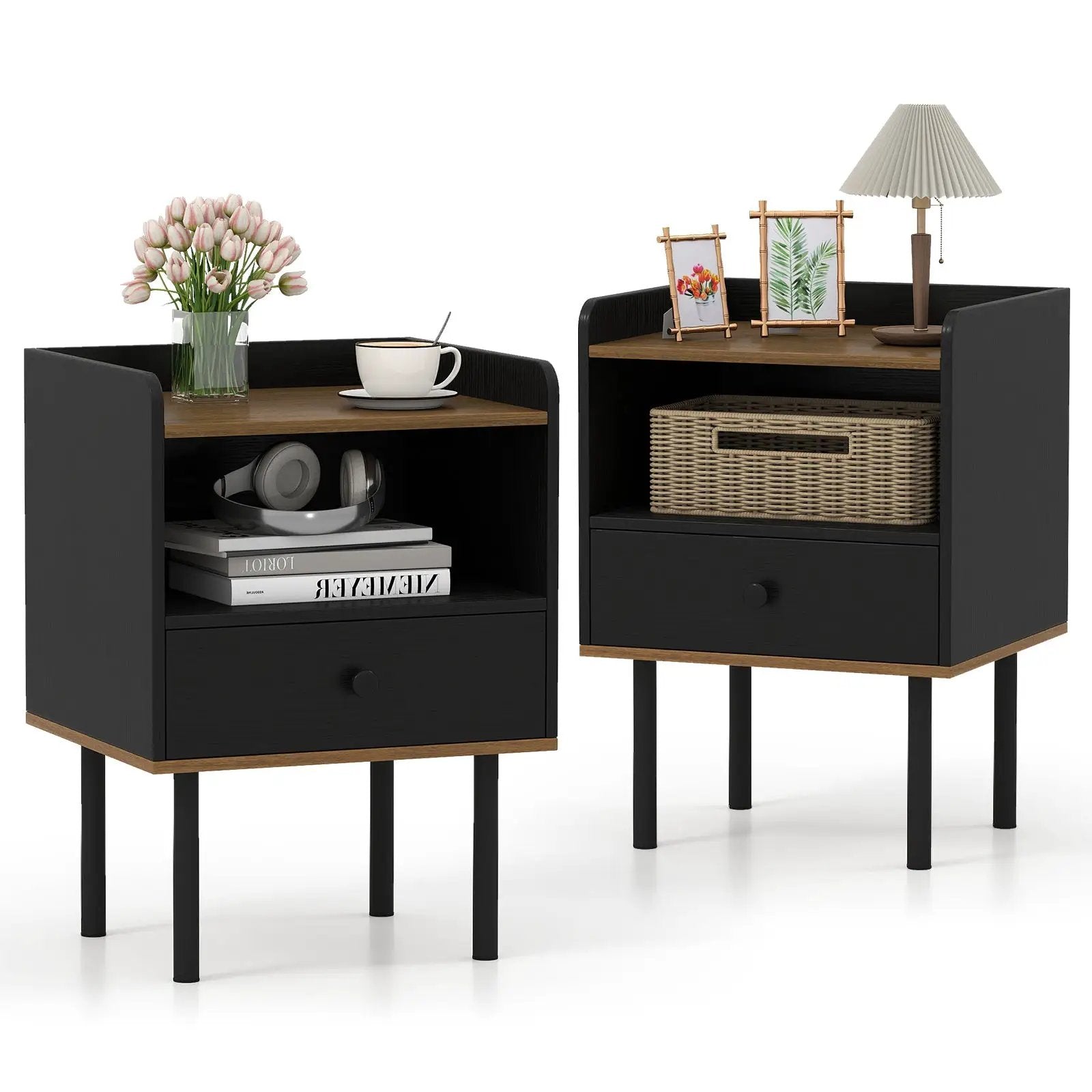 Nightstand with Drawer 3-Tier Sofa Side Table with Open Storage Shelf Set of 2-Black by DirectDeals