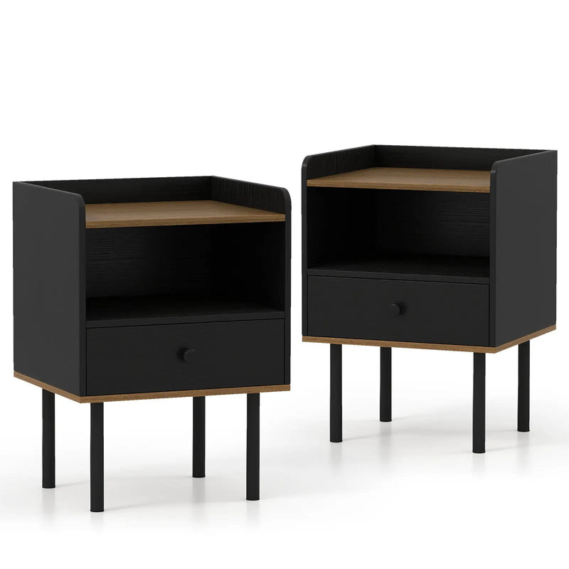 Nightstand with Drawer 3-Tier Sofa Side Table with Open Storage Shelf Set of 2-Black by DirectDeals