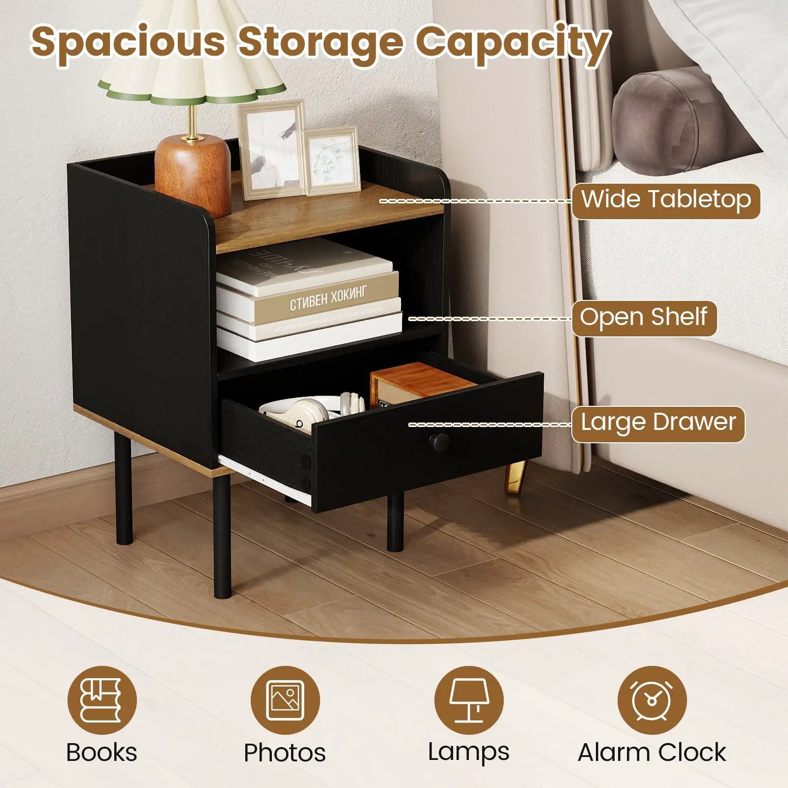 Nightstand with Drawer 3-Tier Sofa Side Table with Open Storage Shelf Set of 2-Black by DirectDeals