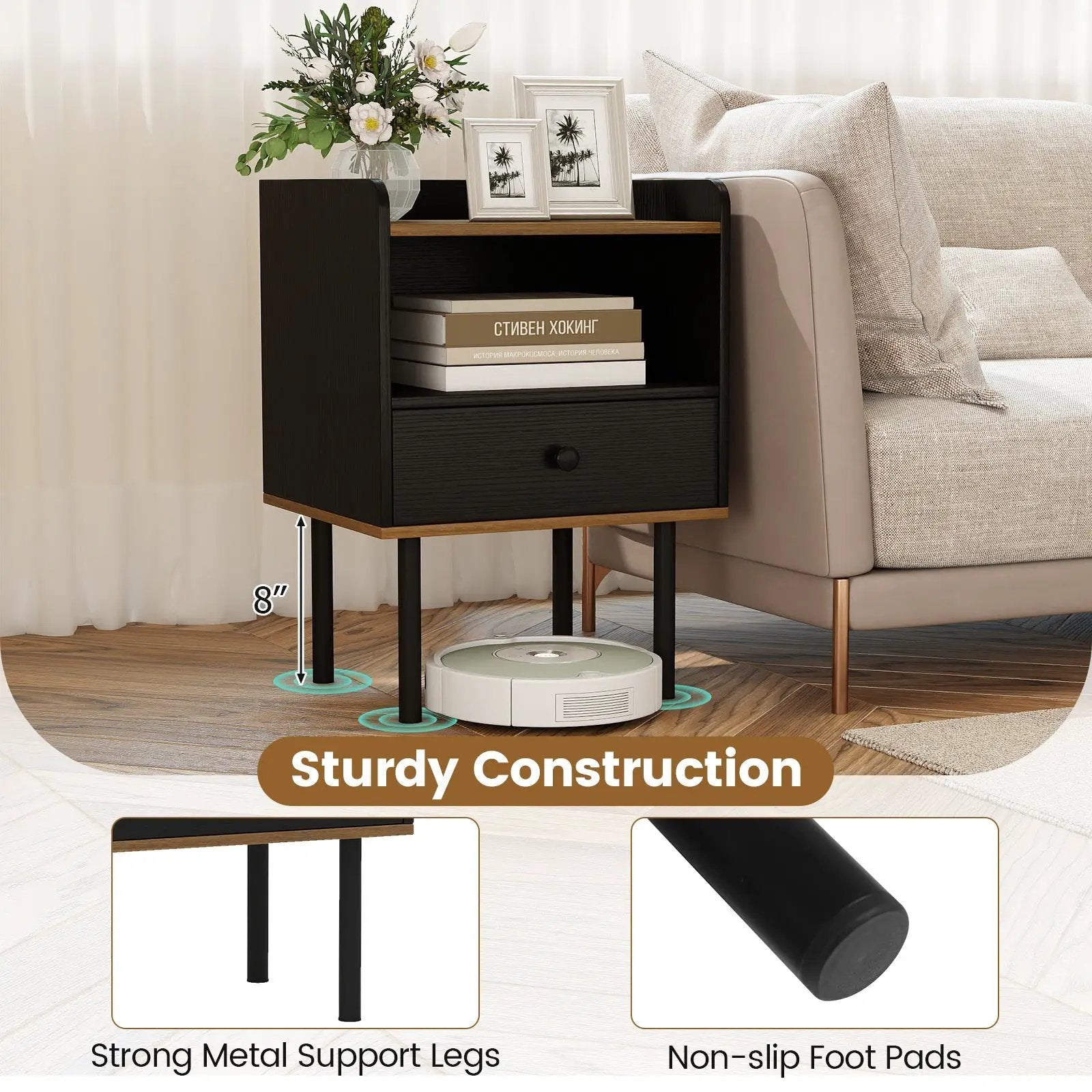 Nightstand with Drawer 3-Tier Sofa Side Table with Open Storage Shelf Set of 2-Black by DirectDeals