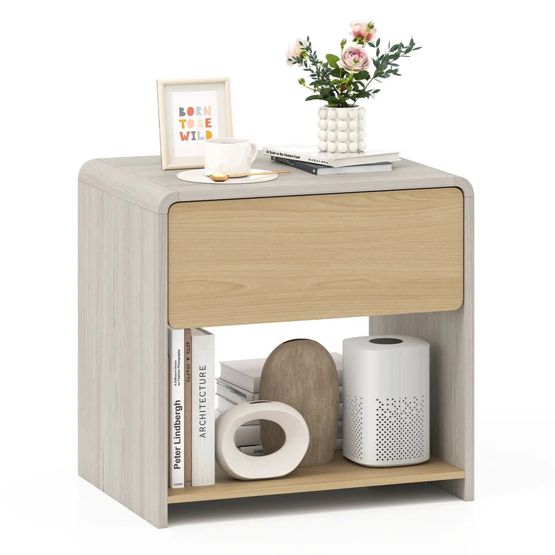2-Tier Modern Style Nightstand with Drawer and Open Shelf-Oak by DirectDeals