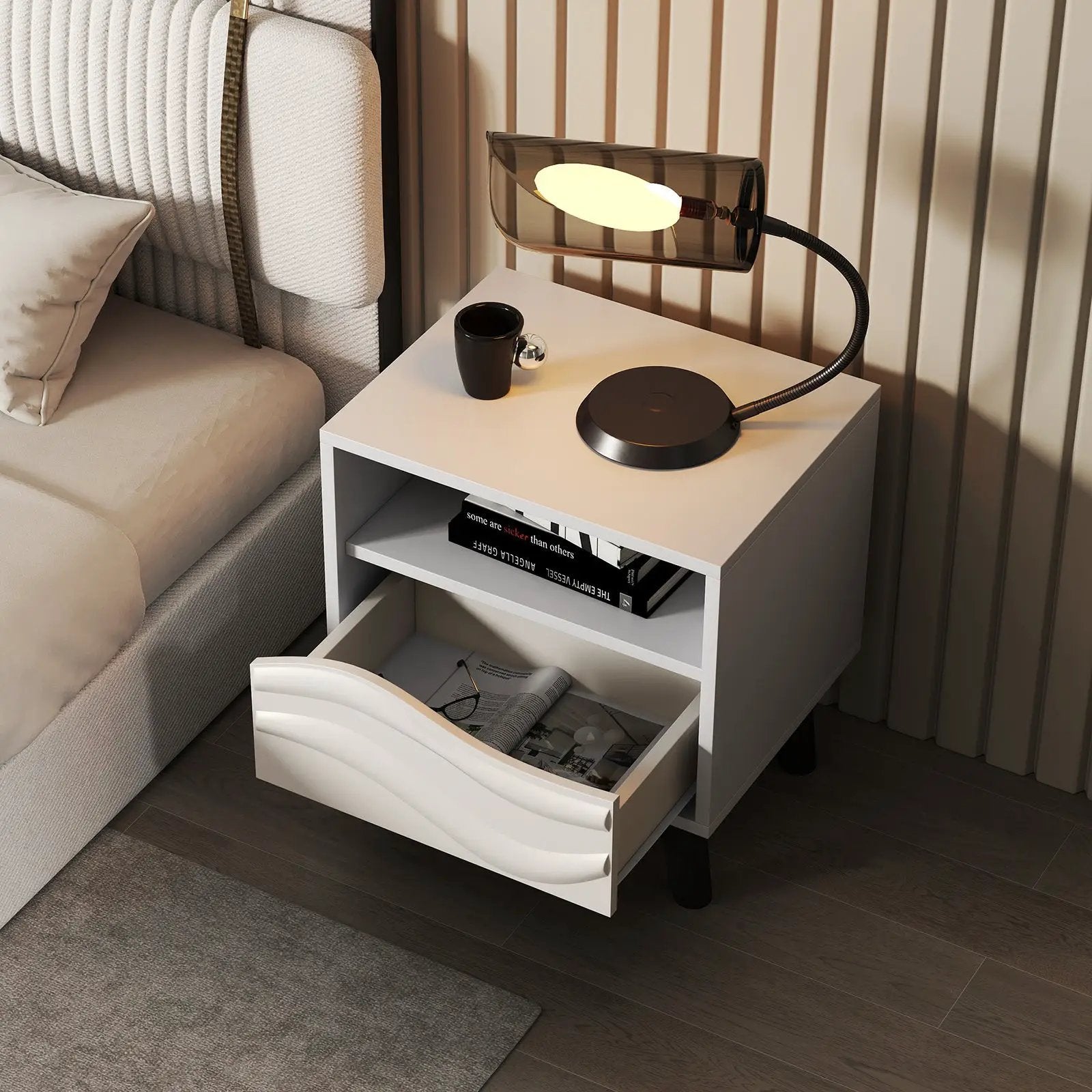 Nightstand Mid Century Modern Bedside Table with 3D Wavy Pattern and Open Shelf-White by DirectDeals
