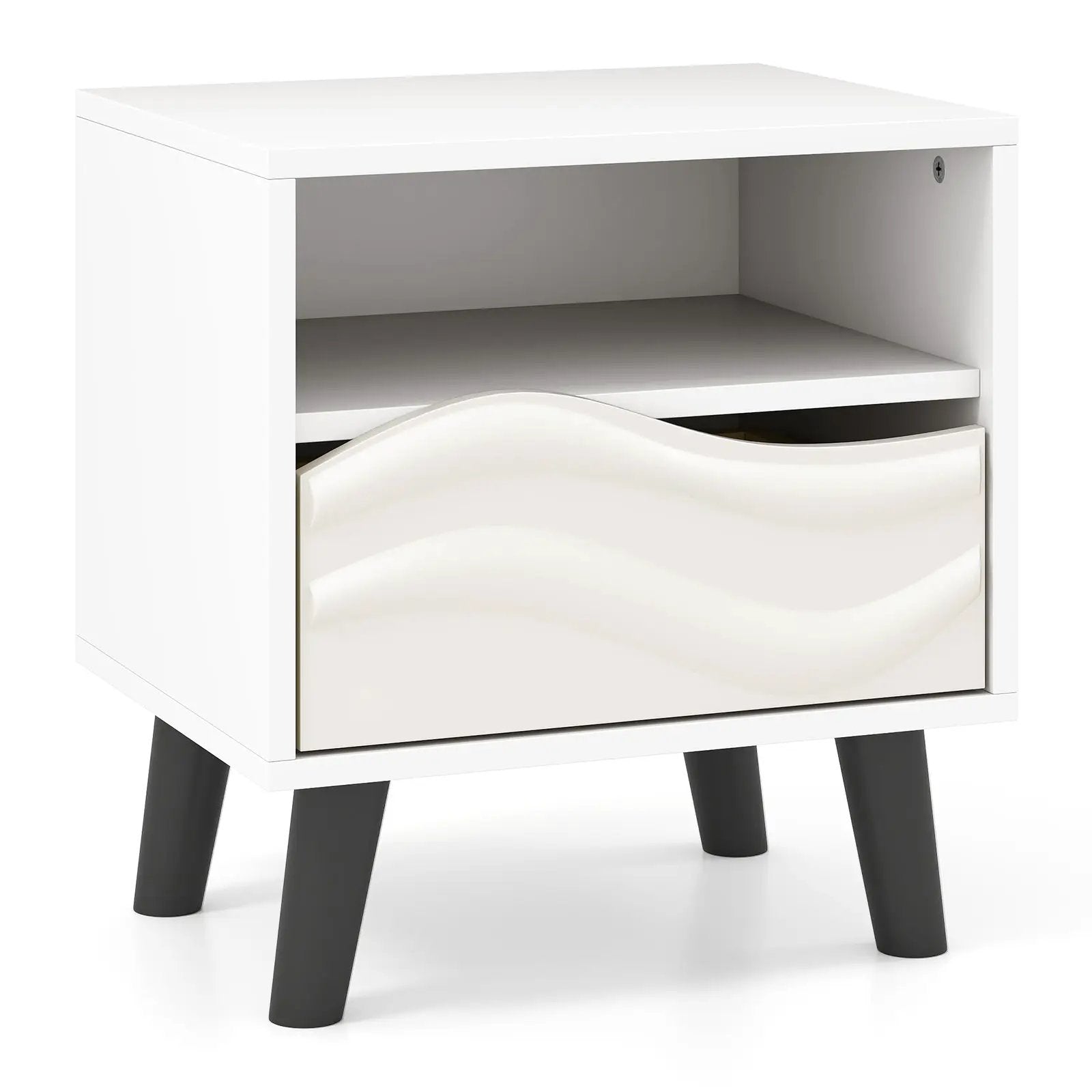 Nightstand Mid Century Modern Bedside Table with 3D Wavy Pattern and Open Shelf-White by DirectDeals