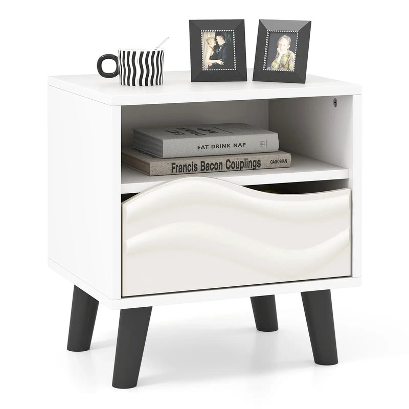 Nightstand Mid Century Modern Bedside Table with 3D Wavy Pattern and Open Shelf-White by DirectDeals