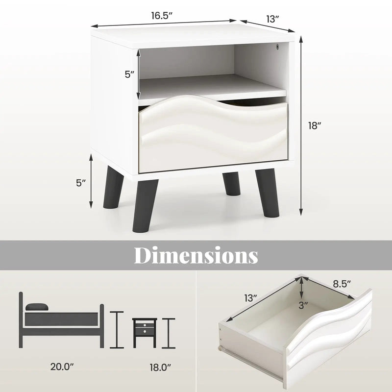 Nightstand Mid Century Modern Bedside Table with 3D Wavy Pattern and Open Shelf-White by DirectDeals