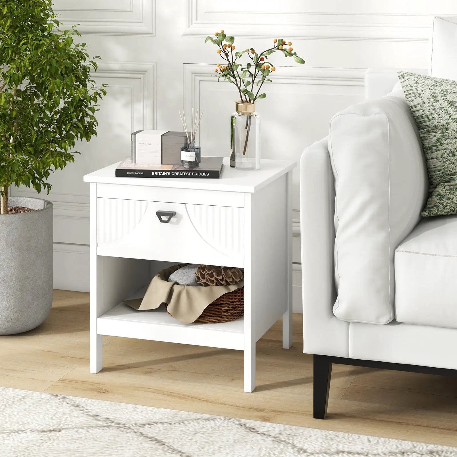 2-tier Wood Nightstand with Drawer and Open Storage Shelf for Bedroom-White by DirectDeals