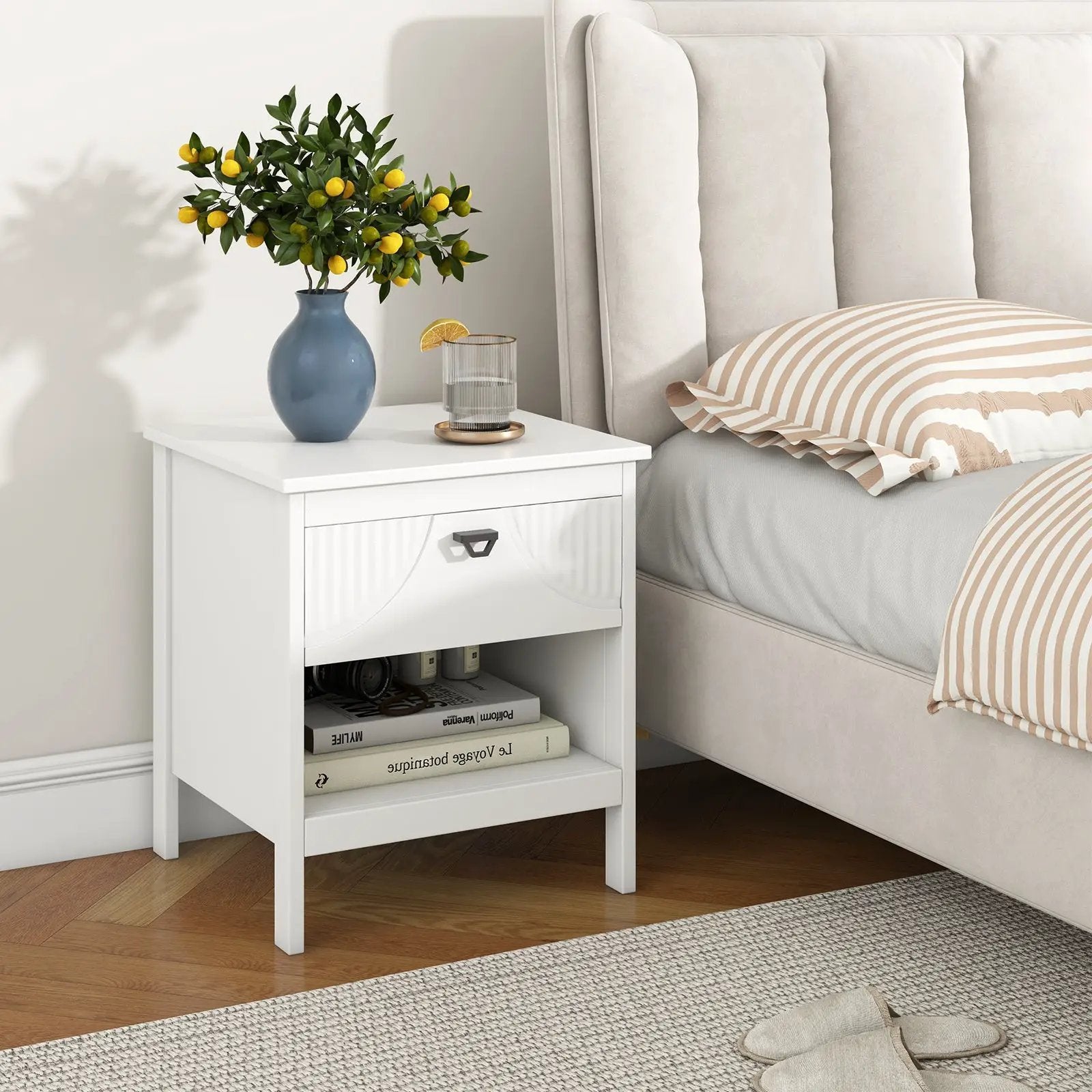 2-tier Wood Nightstand with Drawer and Open Storage Shelf for Bedroom-White by DirectDeals