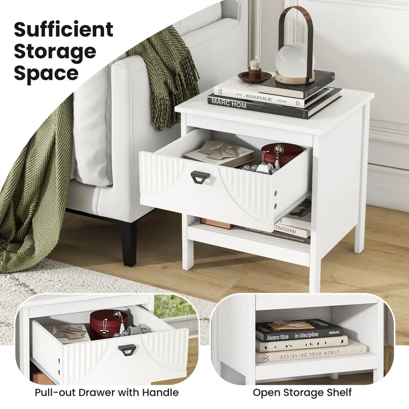 2-tier Wood Nightstand with Drawer and Open Storage Shelf for Bedroom-White by DirectDeals