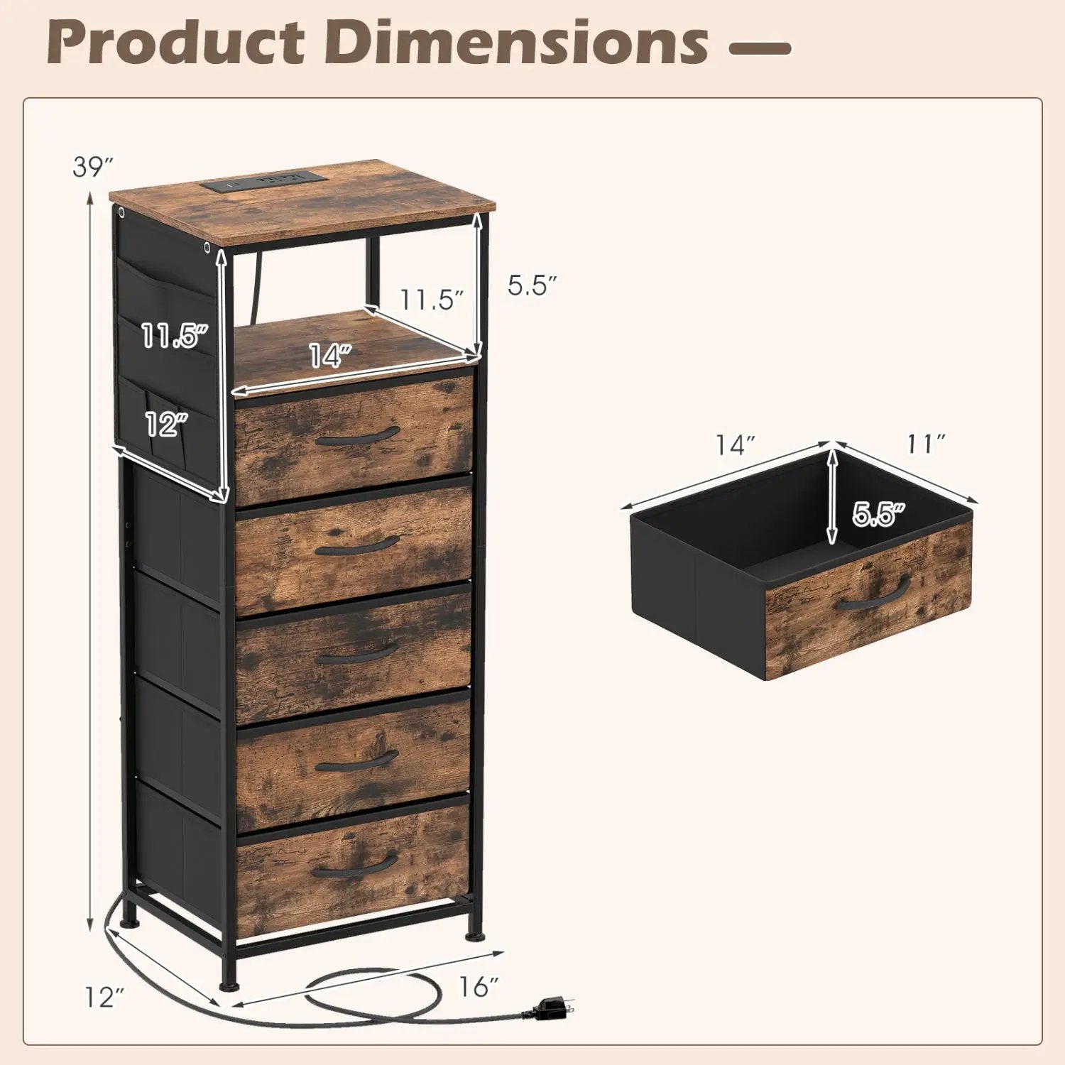 Nightstand with Integrated Charging Station 39 Inches Modern Bedside Table by DirectDeals