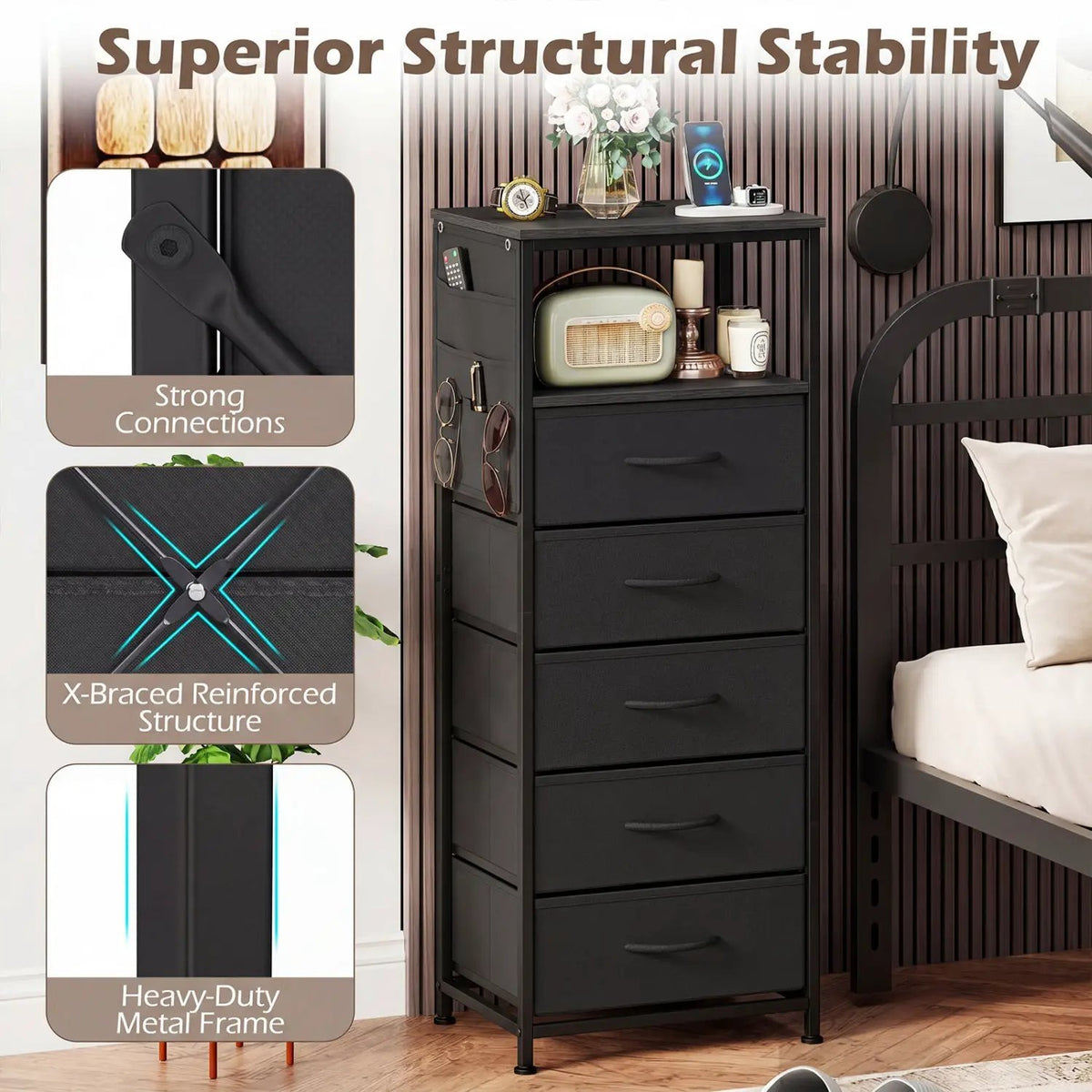 Nightstand with Integrated Charging Station 39 Inches Modern Bedside Table by DirectDeals