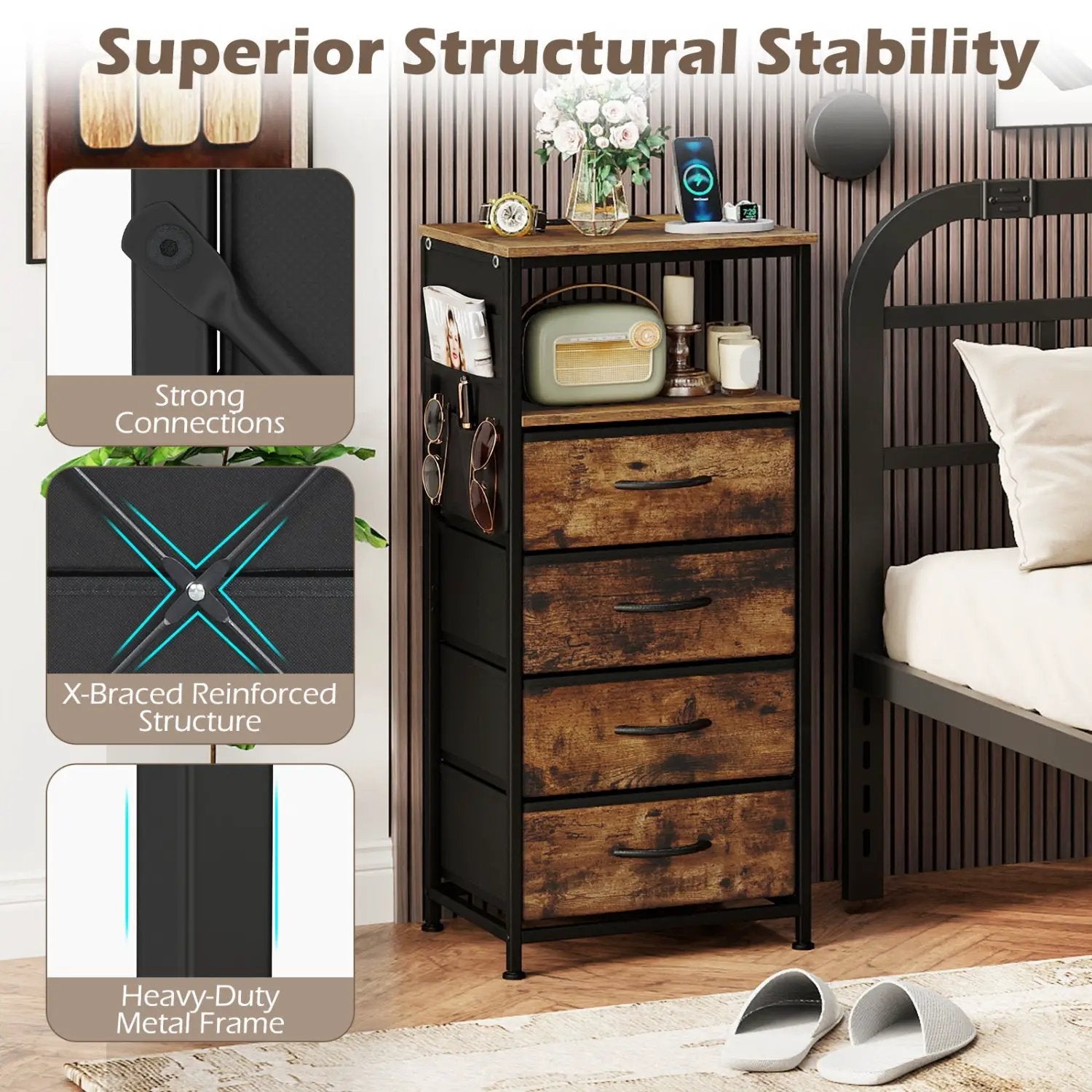 Nightstand with Integrated Charging Station 34" Modern Bedside Table by DirectDeals