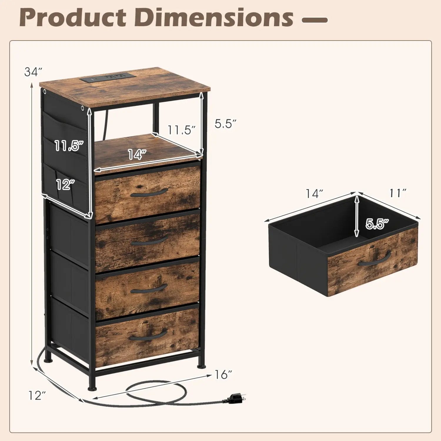 Nightstand with Integrated Charging Station 34" Modern Bedside Table by DirectDeals