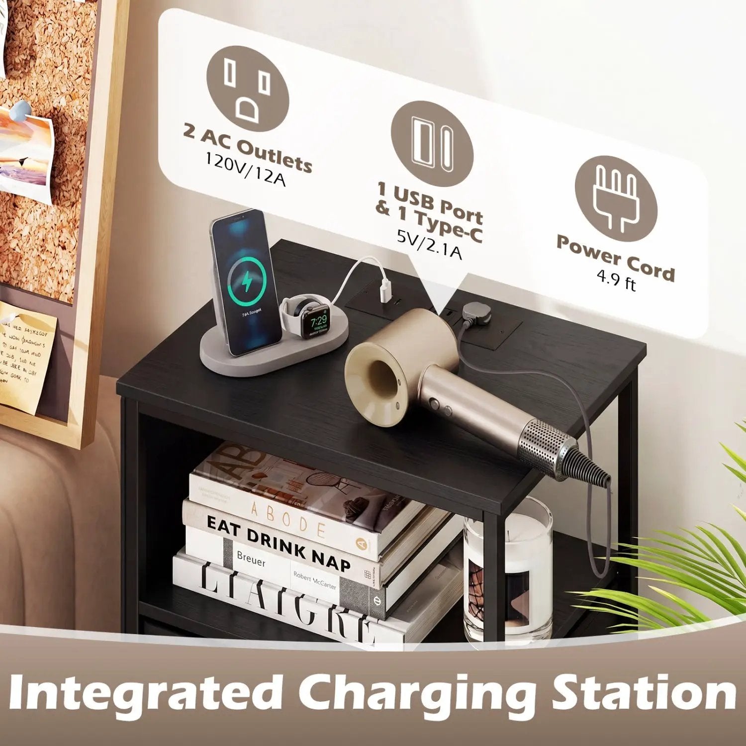 Nightstand with Integrated Charging Station 34" Modern Bedside Table by DirectDeals