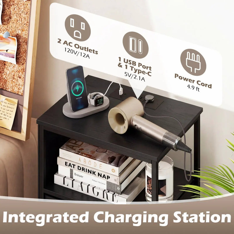 Nightstand with Integrated Charging Station 34" Modern Bedside Table by DirectDeals
