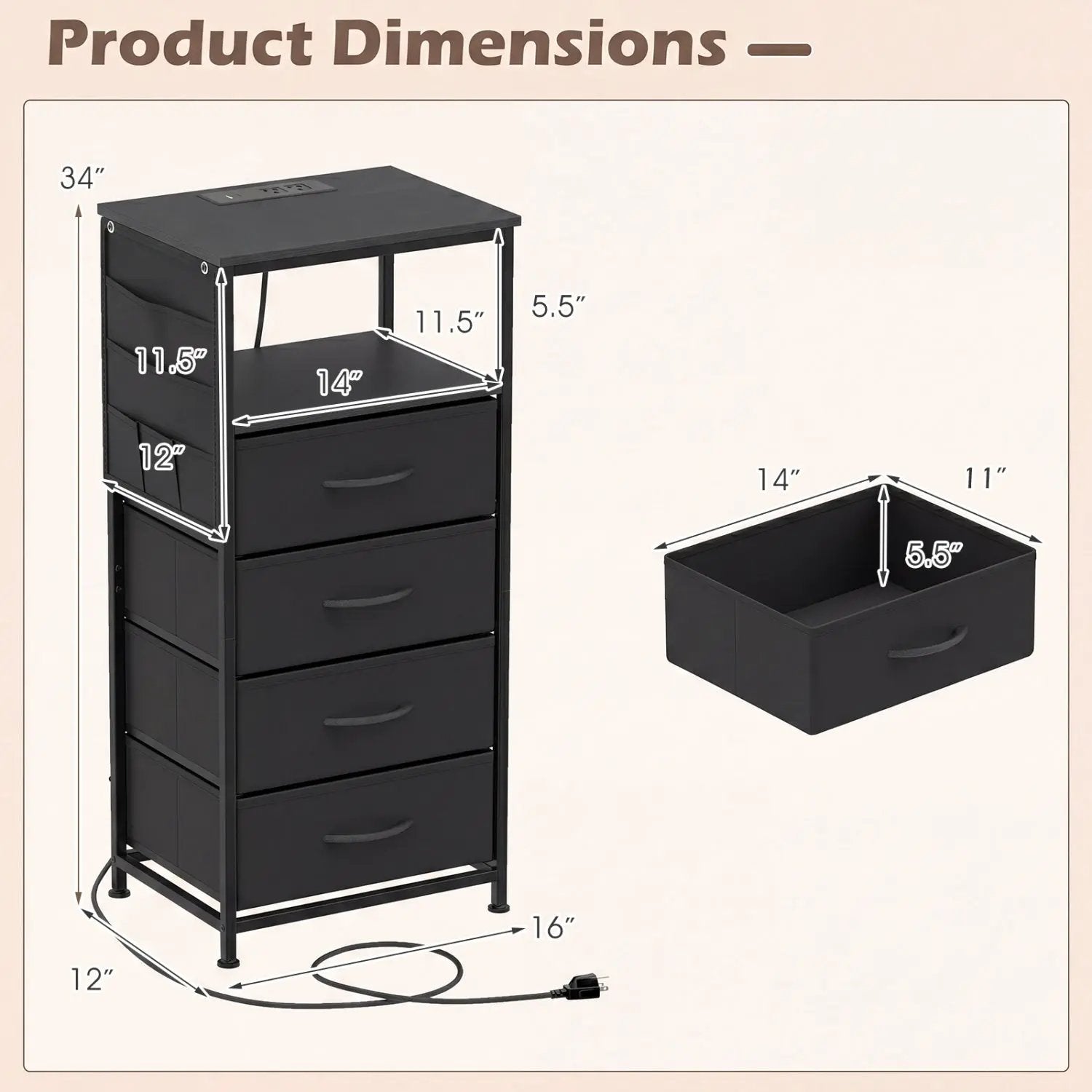 Nightstand with Integrated Charging Station 34" Modern Bedside Table by DirectDeals