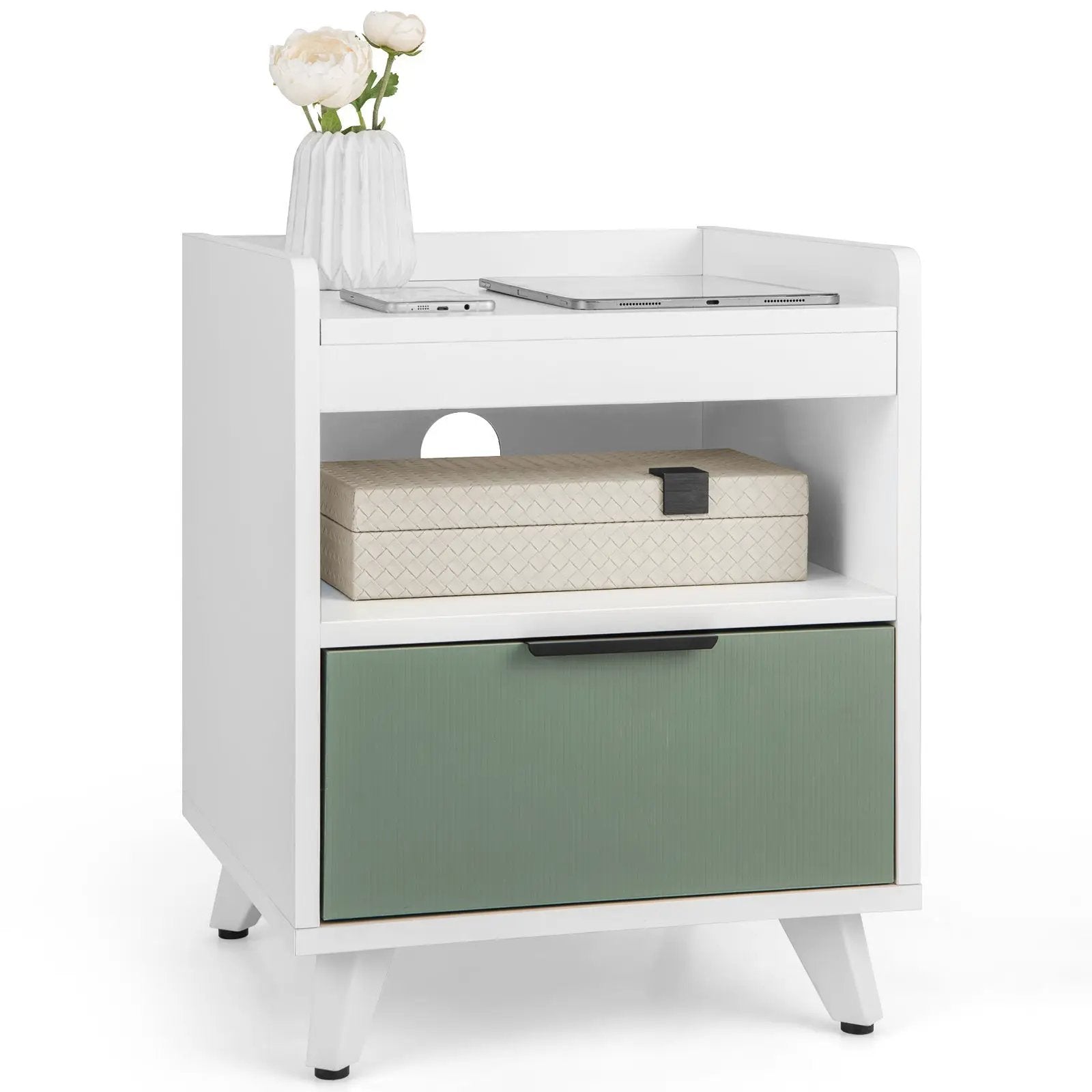 Modern Nightstand with LED Lights Sliding Drawer and Open Compartment-White by DirectDeals