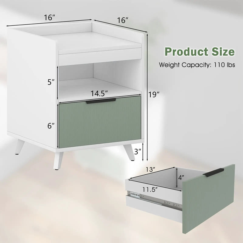 Modern Nightstand with LED Lights Sliding Drawer and Open Compartment-White by DirectDeals