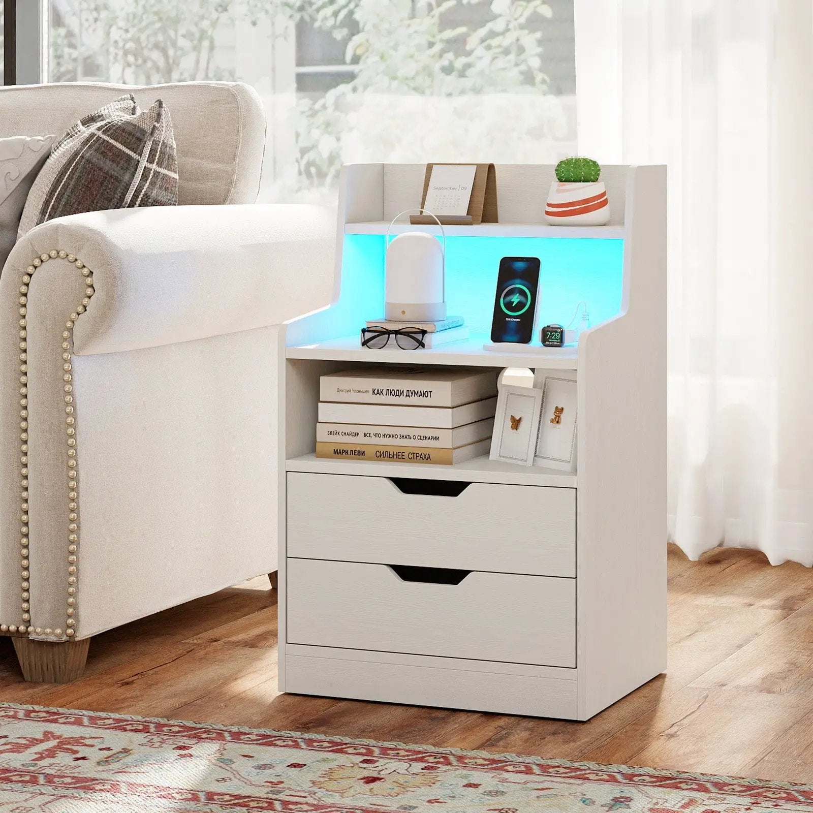 Nightstand with LED Light and Charging Station for Living Room Bedroom-White by DirectDeals