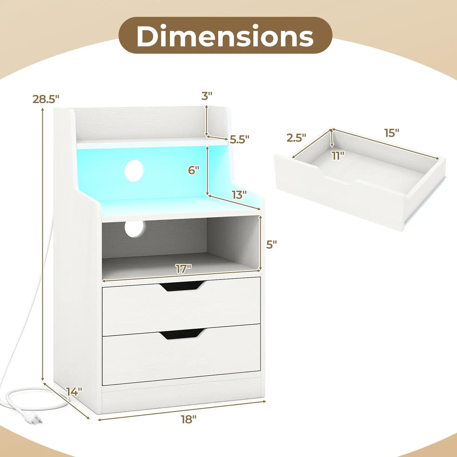 Nightstand with LED Light and Charging Station for Living Room Bedroom-White by DirectDeals