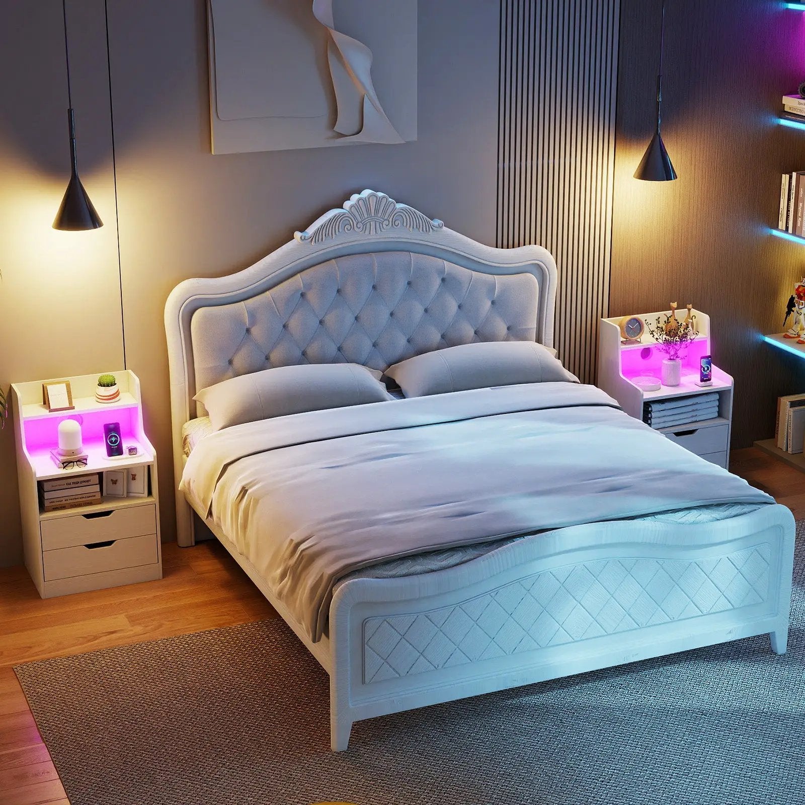 Nightstand with LED Light and Charging Station for Living Room Bedroom-White by DirectDeals