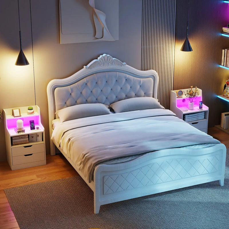 Nightstand with LED Light and Charging Station for Living Room Bedroom-White by DirectDeals