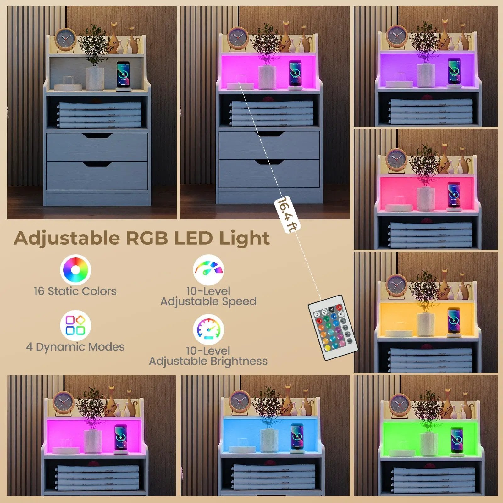 Nightstand with LED Light and Charging Station for Living Room Bedroom-White by DirectDeals