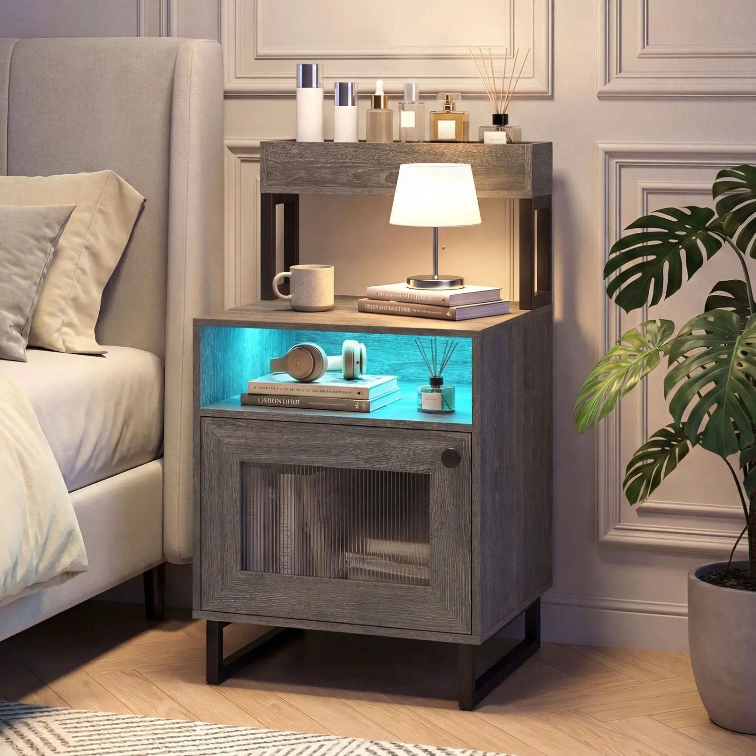 Nightstand with LED Lights Modern End Table with Top Tray Open Compartment and Storage Cabinet by DirectDeals