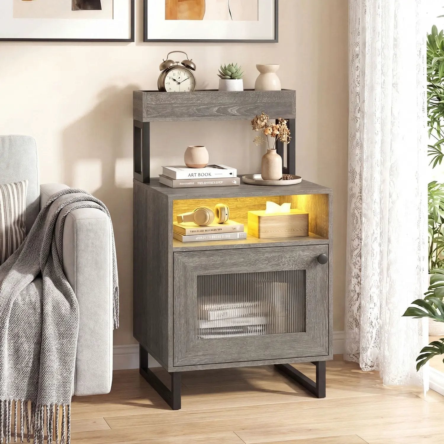 Nightstand with LED Lights Modern End Table with Top Tray Open Compartment and Storage Cabinet by DirectDeals