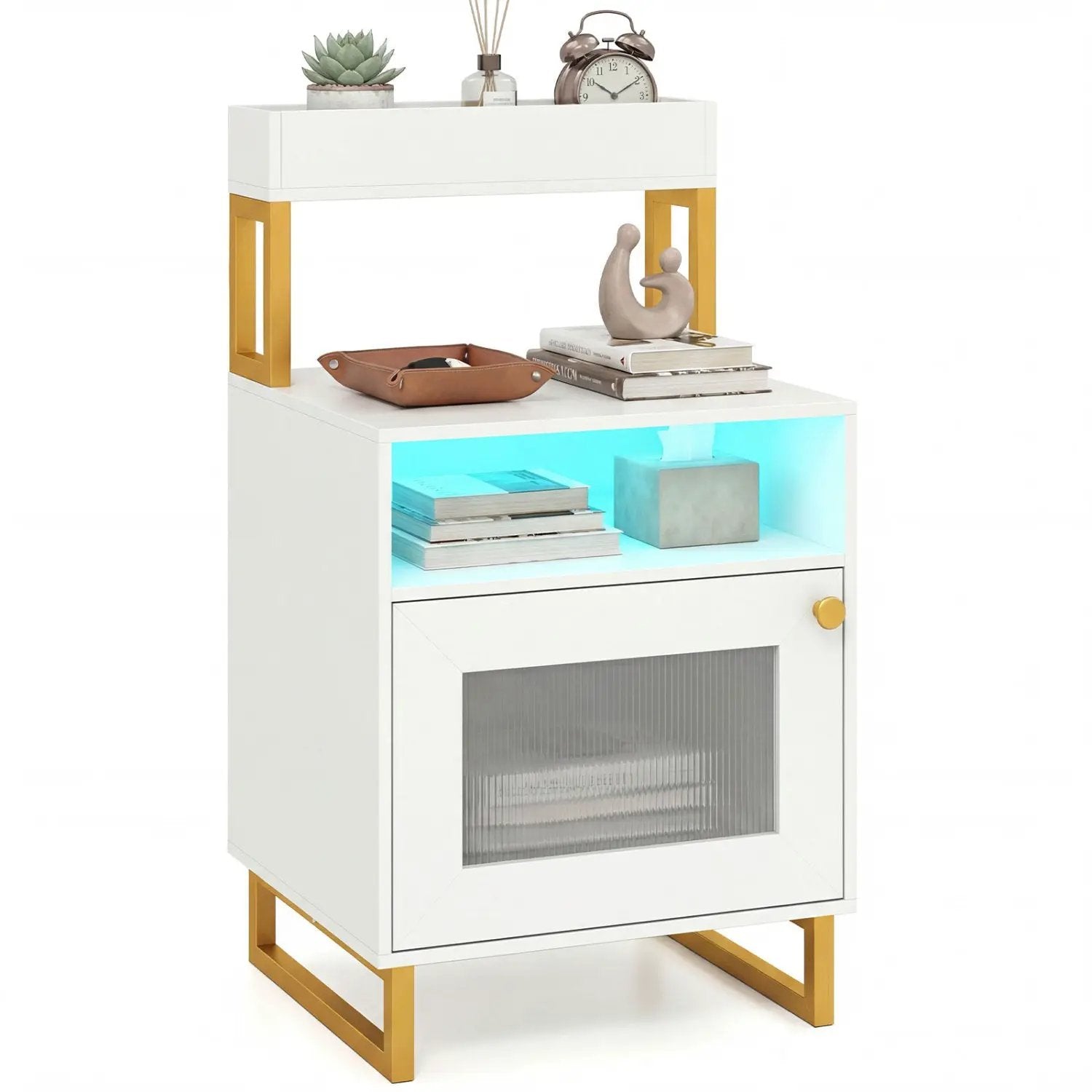 Nightstand with LED Lights Modern End Table with Top Tray Open Compartment and Storage Cabinet by DirectDeals