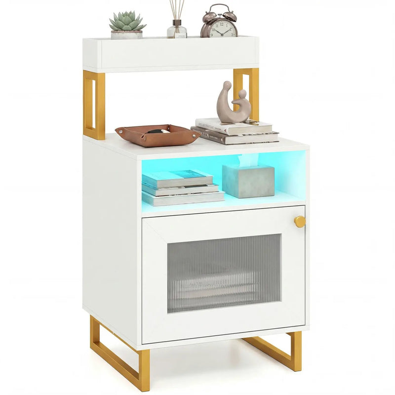 Nightstand with LED Lights Modern End Table with Top Tray Open Compartment and Storage Cabinet by DirectDeals