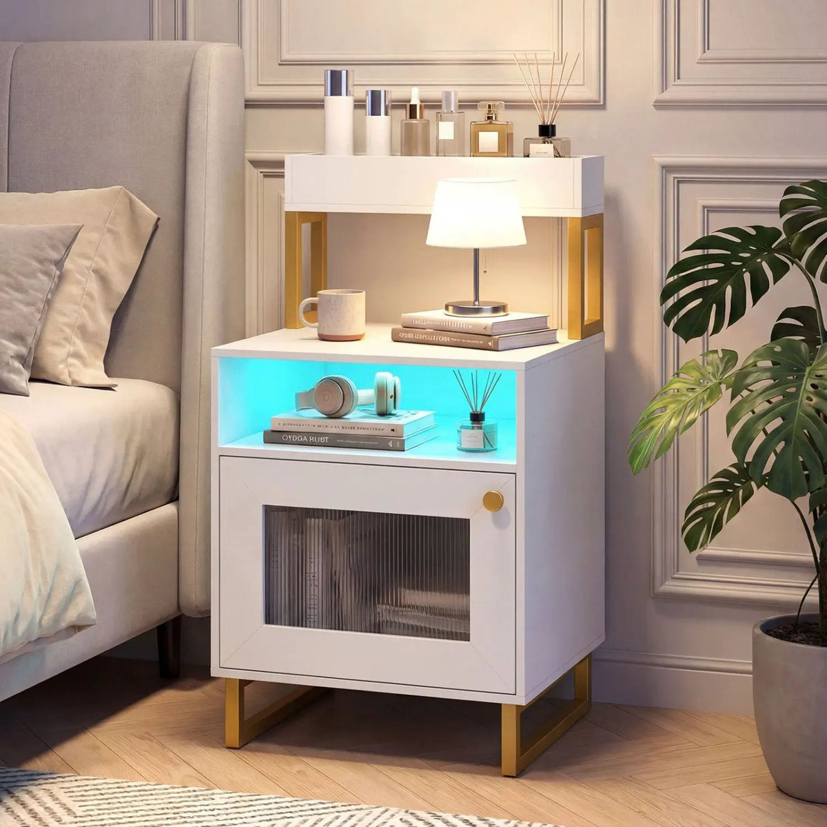 Nightstand with LED Lights Modern End Table with Top Tray Open Compartment and Storage Cabinet by DirectDeals