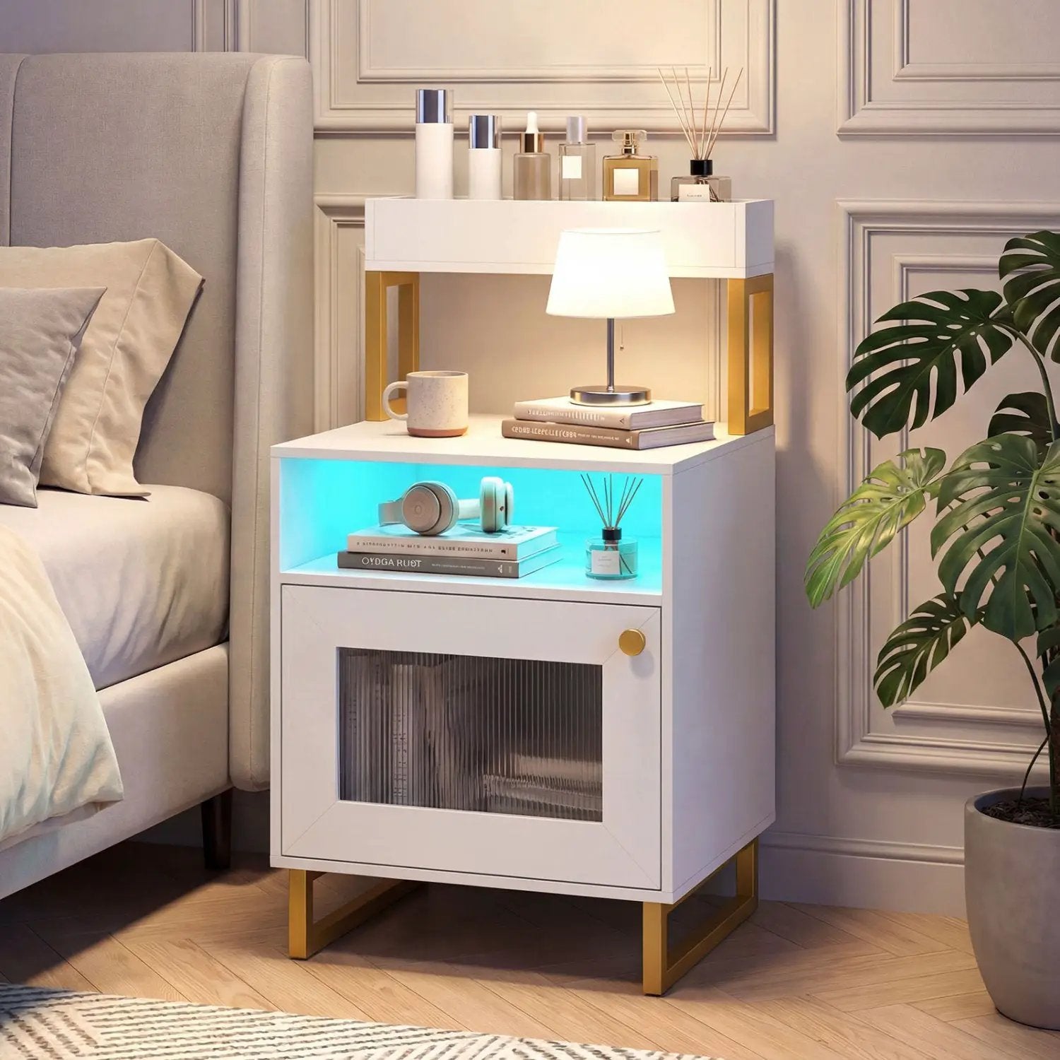 Nightstand with LED Lights Modern End Table with Top Tray Open Compartment and Storage Cabinet by DirectDeals