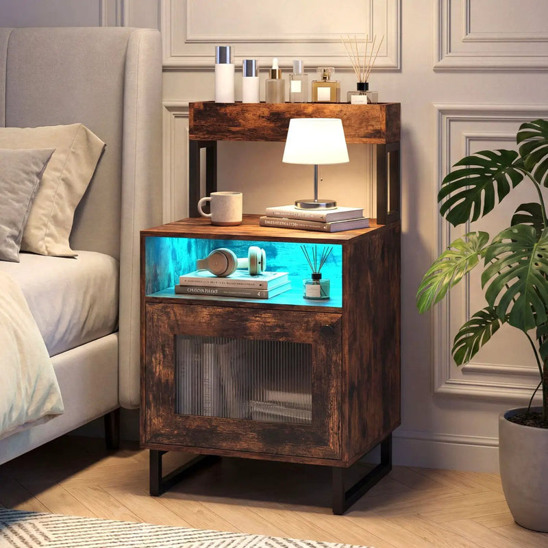 Nightstand with LED Lights Modern End Table with Top Tray Open Compartment and Storage Cabinet by DirectDeals