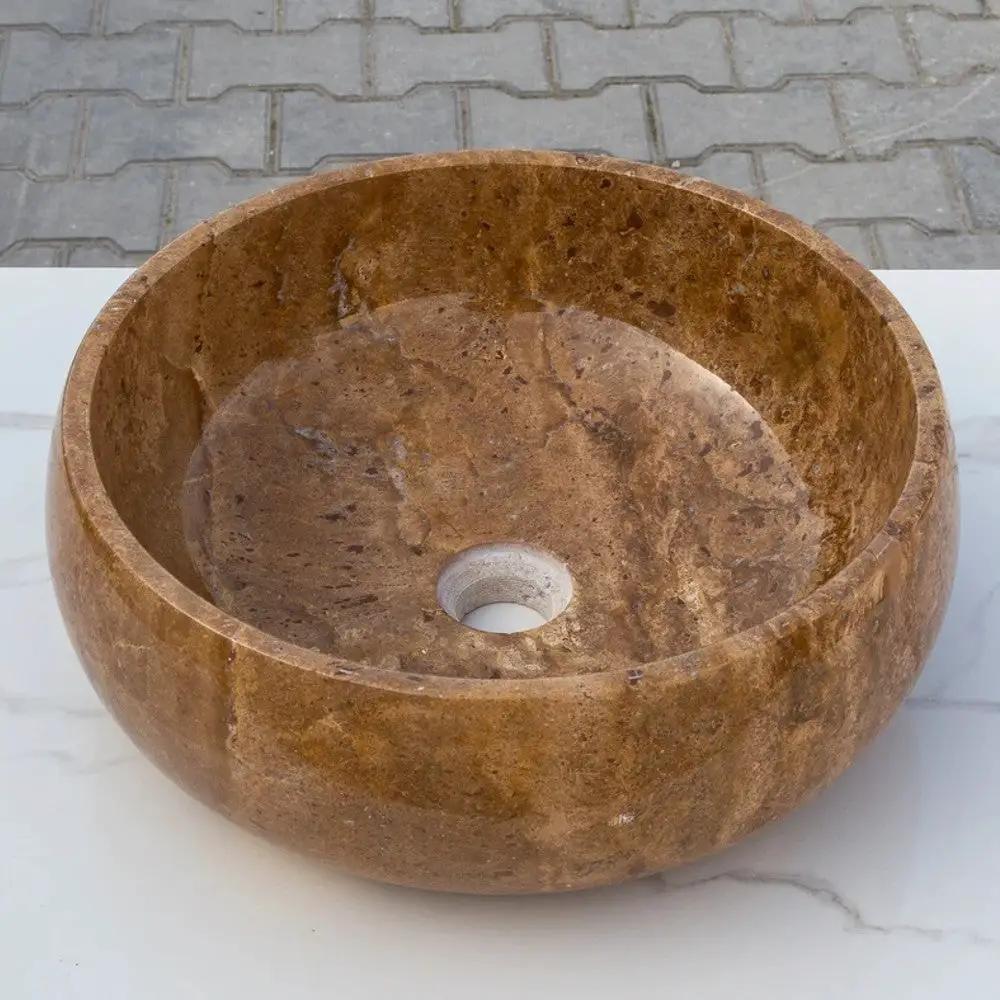 Noce Brown Travertine Natural Stone Vessel Sink - Polished Round 16 Inch Diameter by GobekDesign