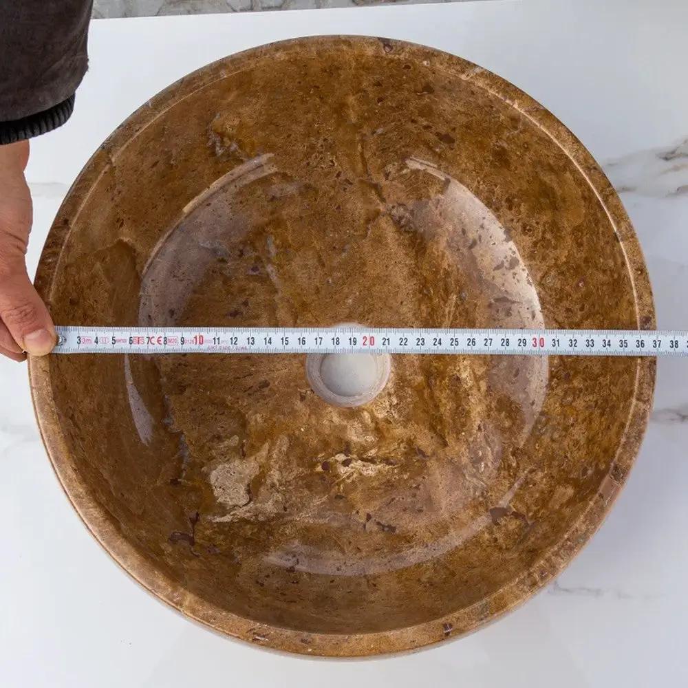 Noce Brown Travertine Natural Stone Vessel Sink - Polished Round 16 Inch Diameter by GobekDesign