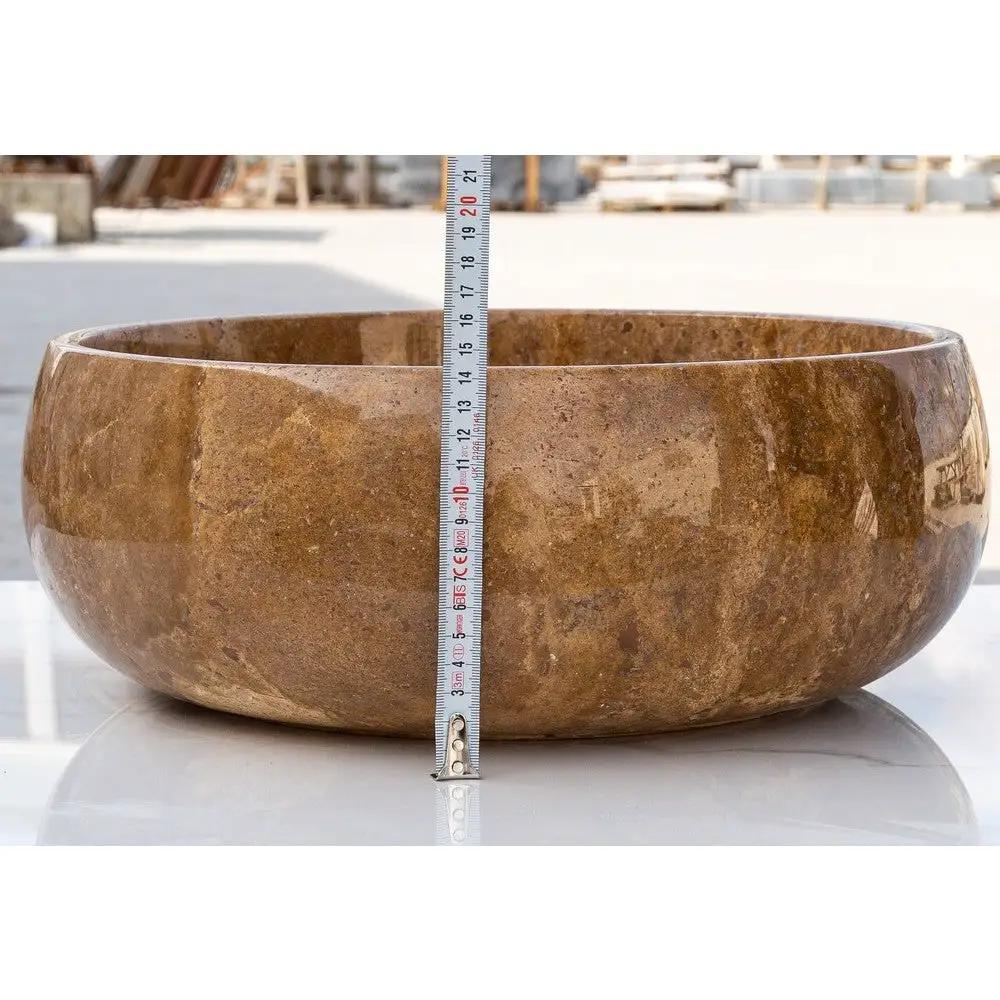 Noce Brown Travertine Natural Stone Vessel Sink - Polished Round 16 Inch Diameter by GobekDesign