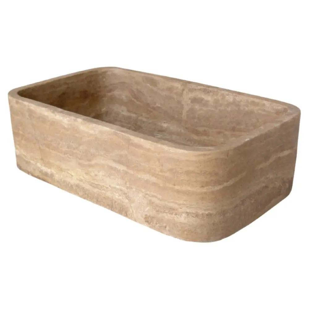 Noce Brown Travertine Natural Stone Handcrafted Farmhouse Apron Kitchen Sink - 18x30x10 by GobekDesign