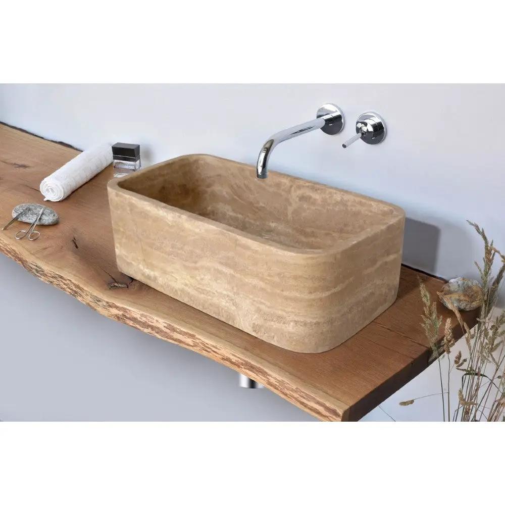 Noce Brown Travertine Natural Stone Handcrafted Farmhouse Apron Kitchen Sink - 18x30x10 by GobekDesign