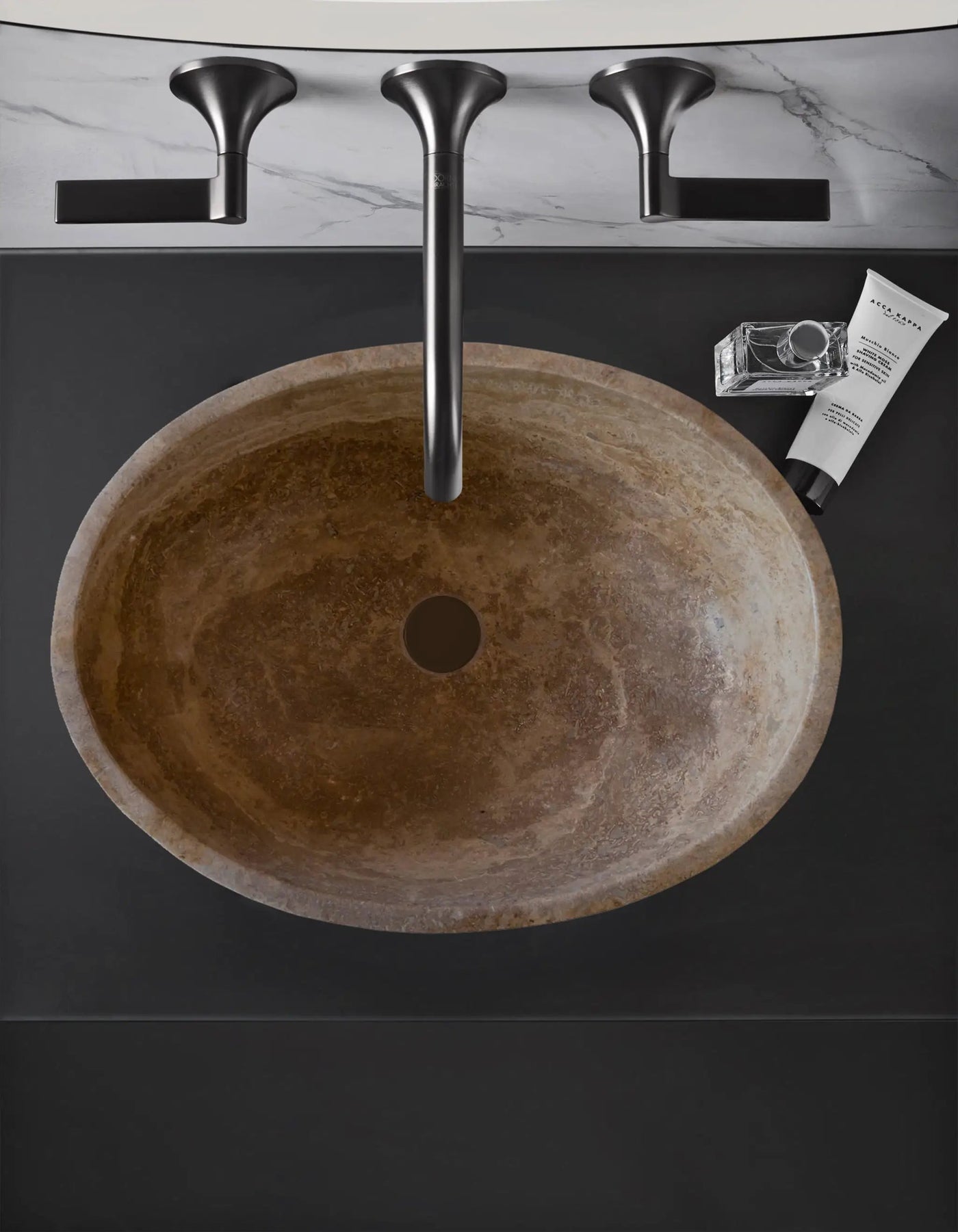 Turkish Travertine Natural Stone Oval Vessel Sink Noce Brown Handcrafted 16x21 Inch by GobekDesign