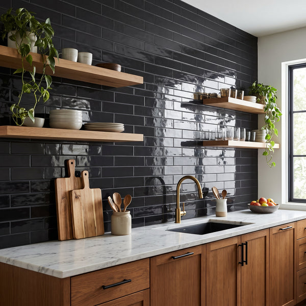 Noir Glossy Subway Ceramic Tiles 4x12