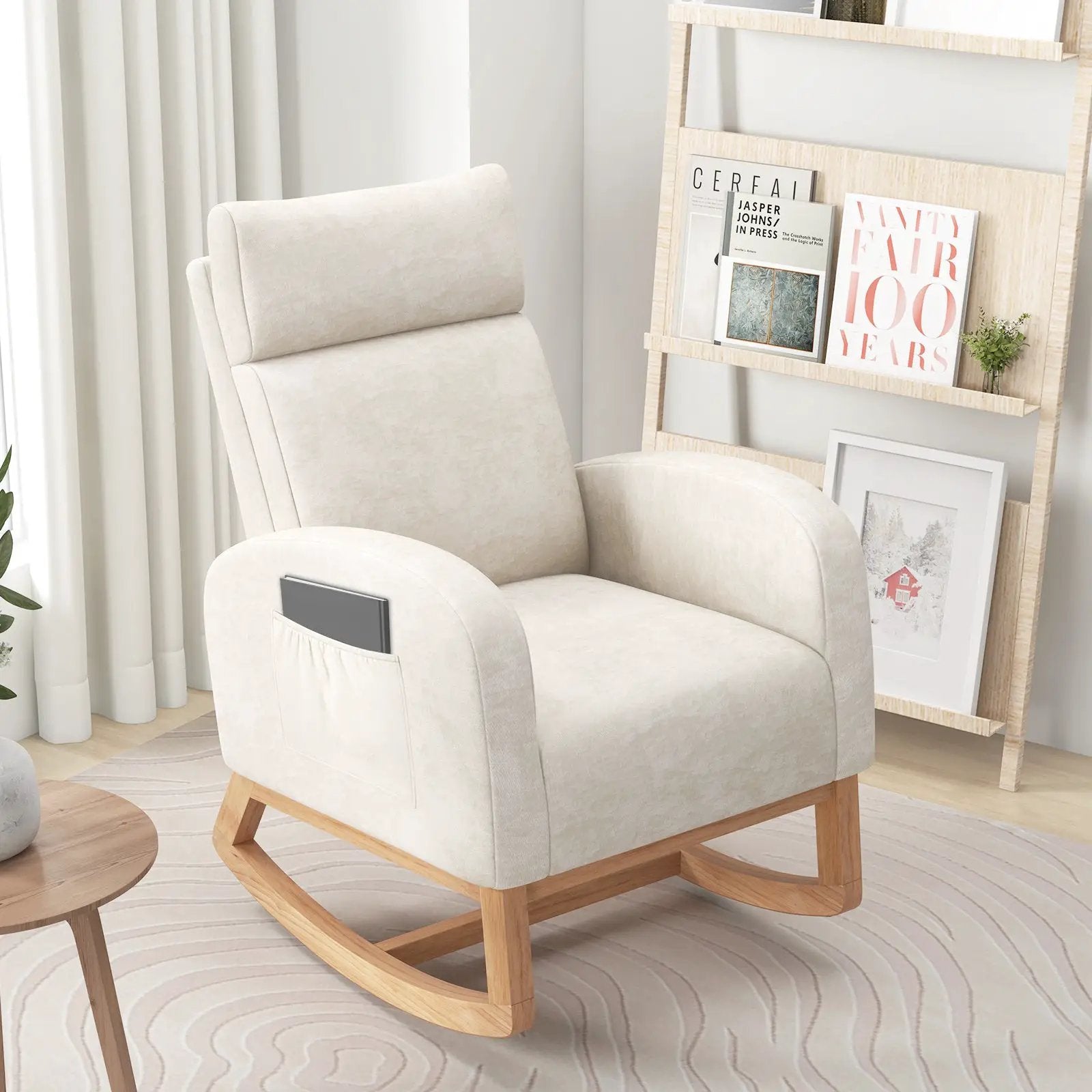 Nursery Rocking Chair Upholstered Chenille Rocker Armchair with Natural Rubber Wood Frame-Beige by DirectDeals