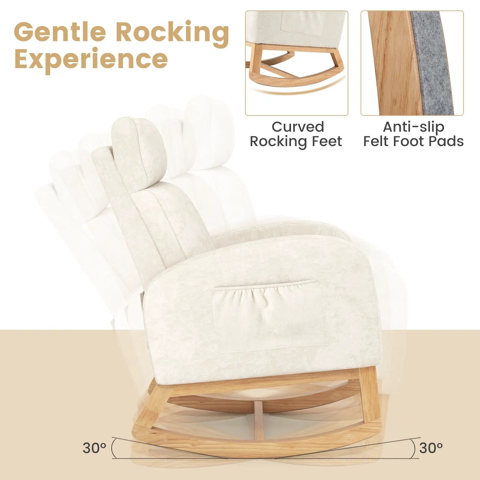 Nursery Rocking Chair Upholstered Chenille Rocker Armchair with Natural Rubber Wood Frame-Beige by DirectDeals