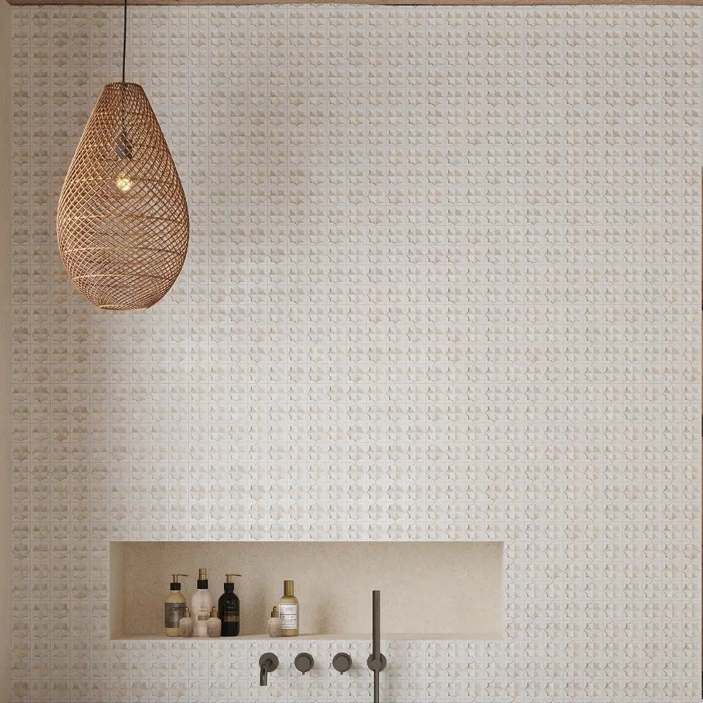 Ice White Beige 12x22 Matte Glossy Rectangle with Star Details Porcelain Large Format Tile (7 pack, 13.03 sq ft/case) by Apollo Tile