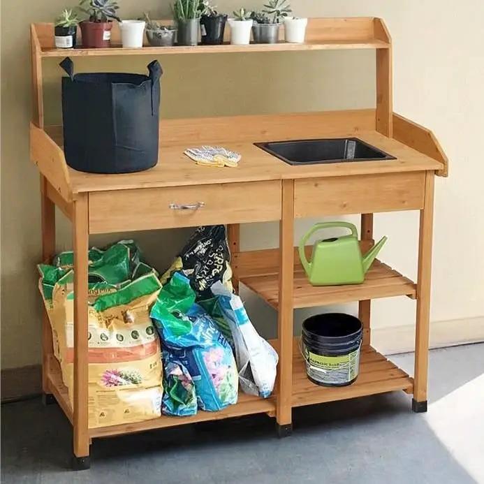 Outdoor Garden Wood Potting Bench Work Table with Sink in Light Oak Finish by HomePacific