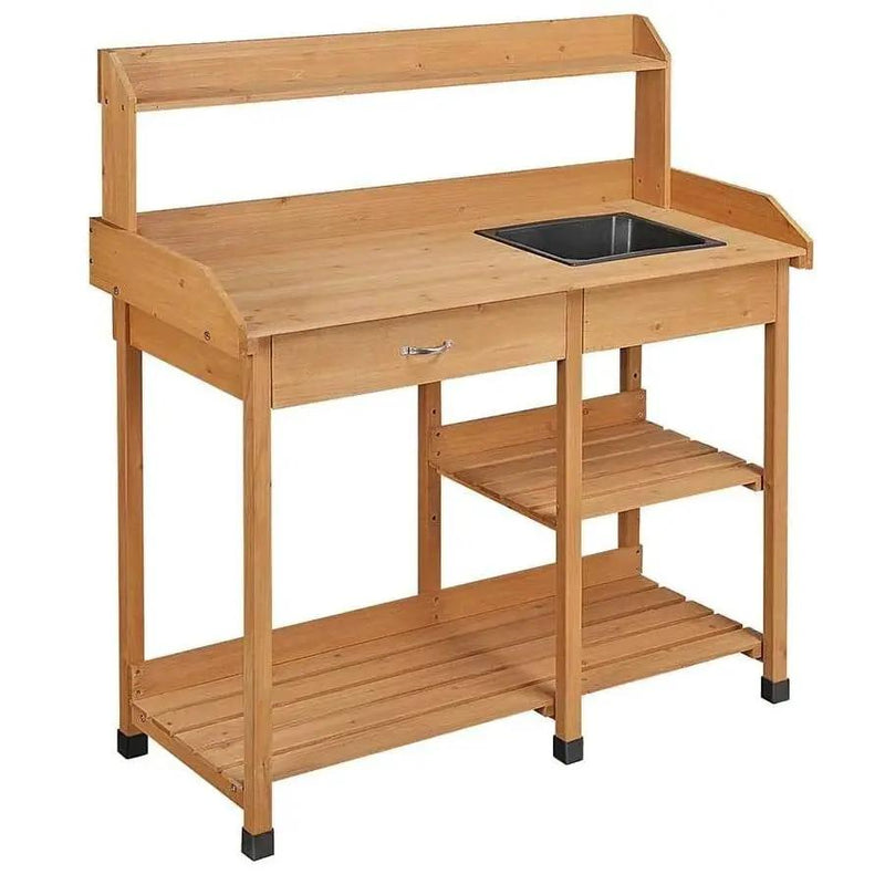 Outdoor Garden Wood Potting Bench Work Table with Sink in Light Oak Finish by HomePacific