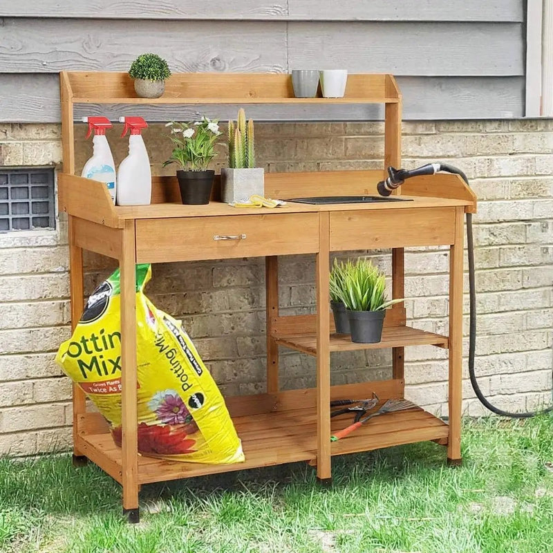 Outdoor Garden Wood Potting Bench Work Table with Sink in Light Oak Finish by HomePacific