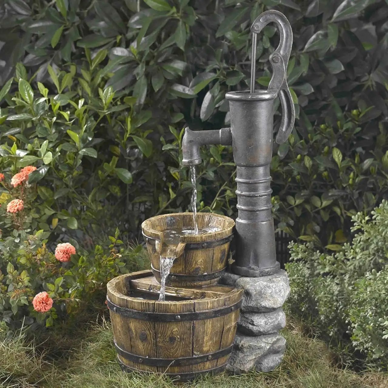 Outdoor Water Pump Half Whiskey Barrel Style Water Fountain by HomePacific
