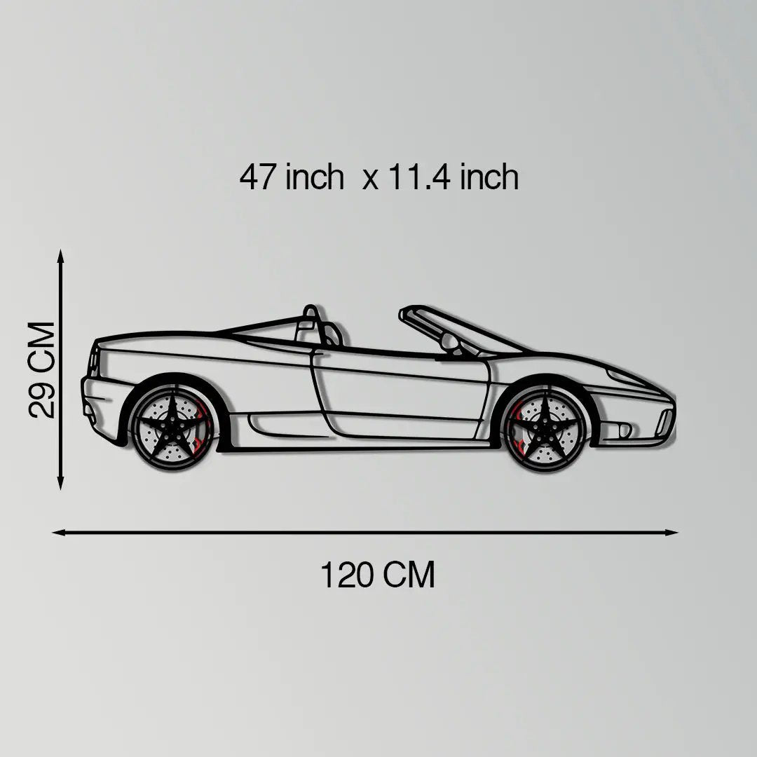 Ferrari 360 Spider Metal Car Wall Art with Rotating Wheels - Italian Convertible Supercar Silhouette - Interactive Automotive Wall Decor - KAFMEKA123 by Enova Art