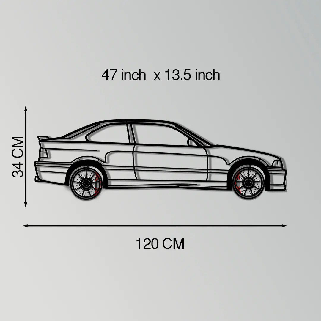BMW E36 M3 Metal Car Wall Art with Rotating Wheels - 90s Performance Legend Silhouette - Interactive Automotive Wall Decor - KAFMEKA101 by Enova Art